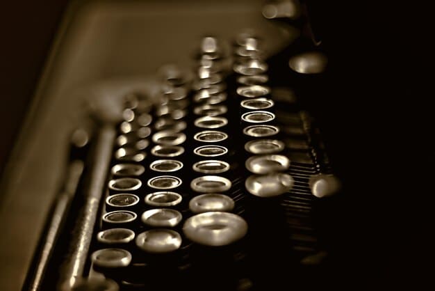 A close-up photograph of a vintage synthesizer, showcasing its various knobs, buttons, and keys. The lighting is dramatic to emphasize the texture and details of the instrument.