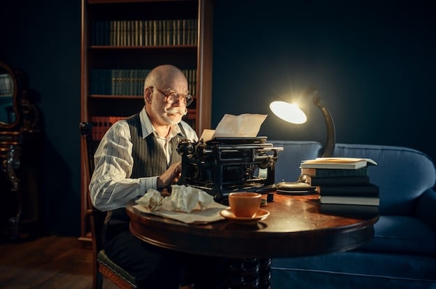 A film critic typing on a vintage typewriter in a dimly lit room filled with film posters and stacks of film reels, symbolizing the rediscovery and reevaluation of forgotten classic films.