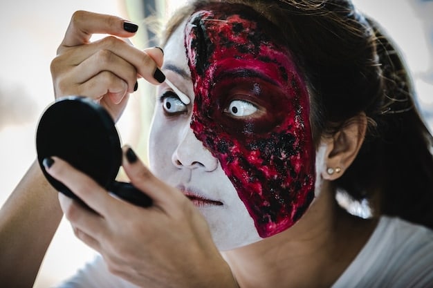 A makeup artist applying prosthetic makeup to an actor, transforming them into a monster for a horror film. The image showcases the detailed and often gruesome work involved in creating practical creature effects.