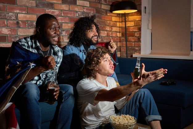 A group of diverse film fans watching an international cult film on a projector screen, showing their enthusiastic reactions. The setting is a cozy, informal gathering.