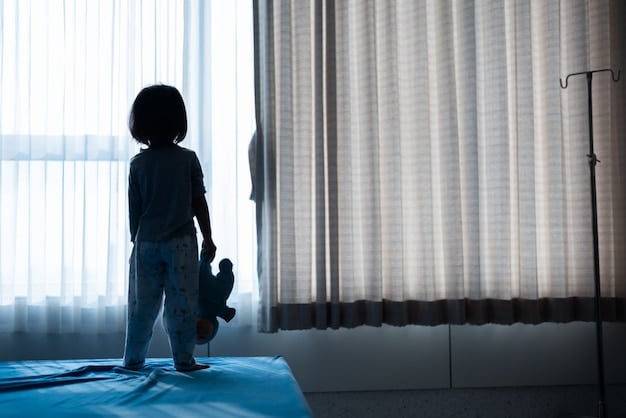 A shadowy figure standing in the corner of a child's bedroom, illuminated only by the faint glow of a nightlight. The atmosphere is thick with dread.
