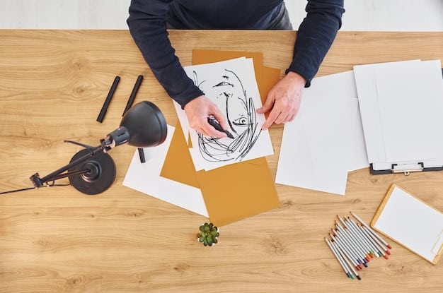 Close-up shot of a filmmaker sketching a storyboard on a large piece of paper, surrounded by scripts and notes. The lighting is soft, highlighting the creative process and the attention to detail. The image conveys a sense of focused artistic endeavor.