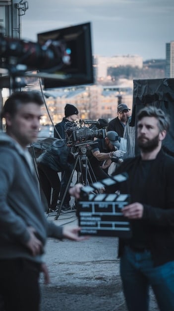 A close-up shot of a director on a film set, surrounded by crew members and equipment, intensely focused on a monitor displaying a scene from a short film.