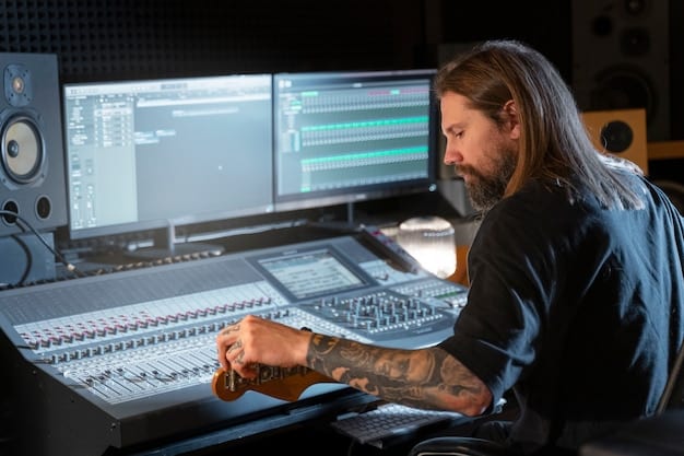 A sound designer in a studio, meticulously working on a short film project. Various audio equipment and monitors are visible, highlighting the technical aspects of crafting the soundscape.