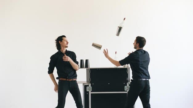 A boom operator holding a shotgun microphone above a pair of actors on a low-budget film set. The scene is being filmed indoors, with minimal background noise.
