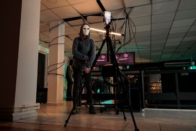 Director reviewing footage on set with the cinematographer, discussing camera angles and lighting. The atmosphere is serious and focused, reflecting the attention to detail required in filmmaking.