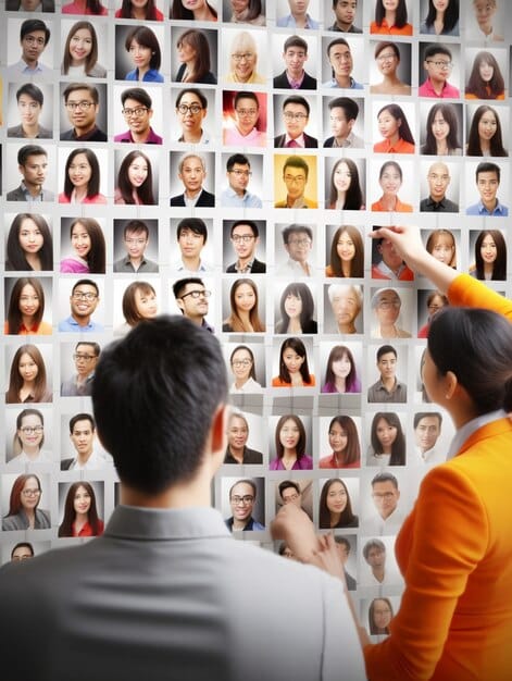 A bulletin board filled with headshots and resumes of actors in a casting agency. The board is brightly lit, and various notices and casting calls are pinned around the headshots. The scene conveys a sense of activity and opportunity within the acting community.