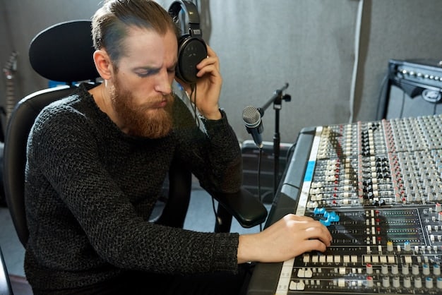 An audio engineer working in a professional sound mixing studio, adjusting levels on a large mixing console with multiple tracks and effects processors.