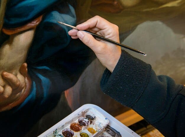 A photograph capturing a close-up view of a hidden painting in a museum archive, showcasing its texture, brushstrokes, and the details that make it a potential forgotten masterpiece.