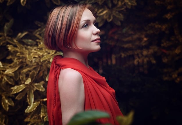 A close-up portrait of a woman with red hair, wearing a dark dress with a high collar. The background is a swirl of muted colors, and the focus is on her face, which is depicted with delicate brushstrokes and an expressive gaze.