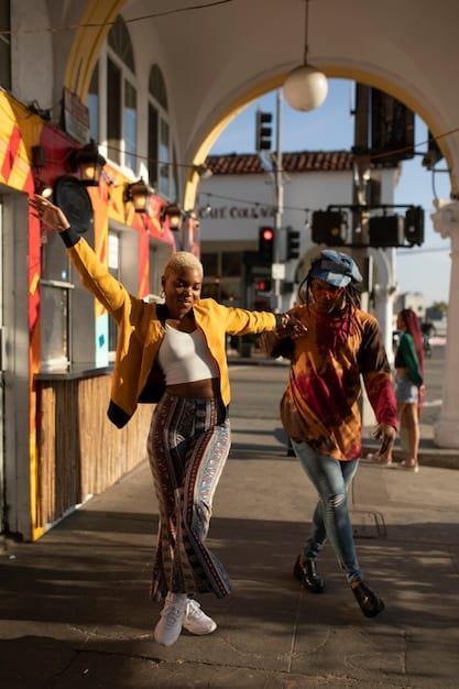 A vibrant scene from a Brazilian musical drama, showing a group of young people dancing and playing music in the streets of Rio de Janeiro. The image is full of energy and excitement.