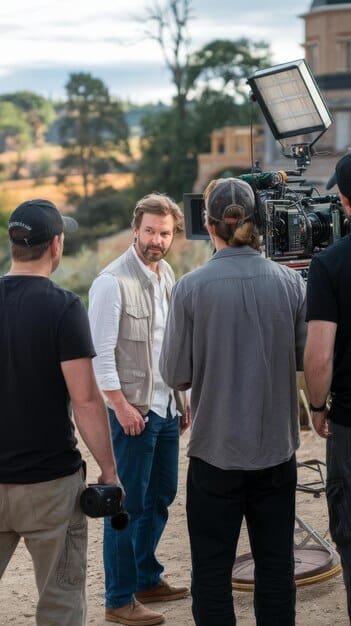 A behind-the-scenes shot of an independent US filmmaker collaborating with international crew members on a film set, illustrating the cross-cultural exchange fostered by film festivals.
