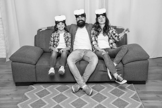 A family in their living room setting, all wearing VR headsets and immersed in an exotic international film scene. The scene they are watching is vividly projected onto the walls around them, enhancing the immersive effect.