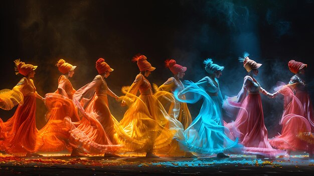 A scene from a Bollywood musical, featuring colorful costumes, elaborate choreography, and a large ensemble of dancers.