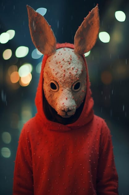 A close-up shot of Donnie Darko wearing a disturbing rabbit mask, known as Frank, in a dimly lit hallway. The image evokes a sense of unease and mystery.