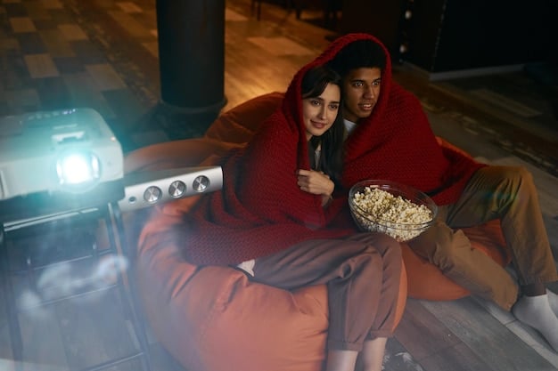 A person sitting comfortably on a couch, watching a cult classic movie on a large flat-screen TV via a streaming service. The room is cozy and inviting, with soft lighting, creating a modern and comfortable viewing experience.
