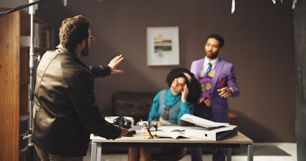 A director passionately explaining a scene to their crew on a film set, emphasizing the importance of effective communication and leadership when seeking funding for short film projects. The image represents the compelling pitches needed for Short Film Funding in the US: How to Secure Grants and Investments in the Current Market.