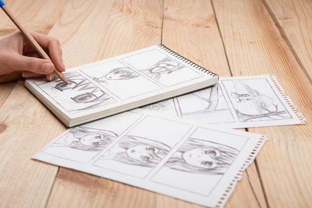 A storyboard sketch showing a key scene from a short film. The sketch depicts a character experiencing a moment of realization, with emotion etched on their face. The background is simple, emphasizing the character's expression. The image relates to brevity and focus in screenwriting.