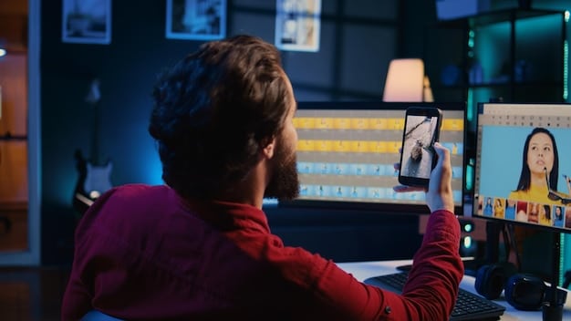 A person intensely editing video footage at a computer, showcasing the post-production phase of micro-budget filmmaking. Multiple monitors display timelines and editing software interfaces.