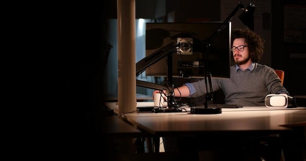A filmmaker sitting at a desk, illuminated by the glow of multiple computer screens displaying various online film distribution platforms. Charts and data visualizations surround the screens, highlighting the analytical approach to choosing the right distribution channels to enhance short film distribution strategies within the US market.