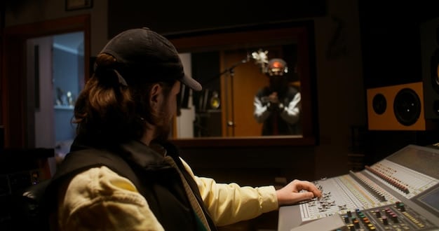 A behind-the-scenes shot of a composer working on a film score in their studio. The image showcases intricate sheet music, a mixing console, and various instruments. The caption illustrates how music can emotionally amplify a scene in a short film.