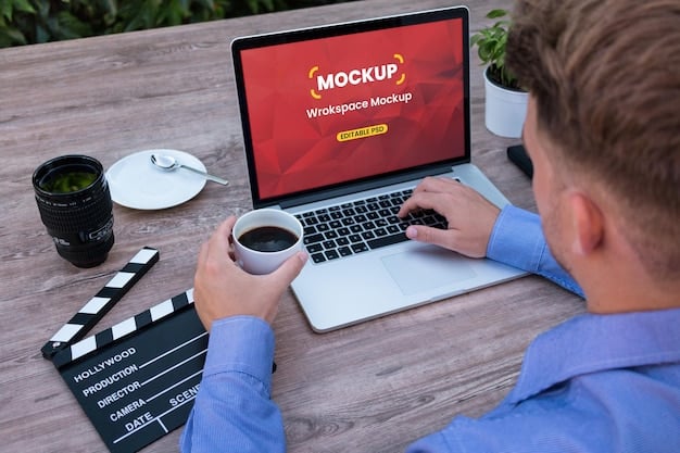 A person using a laptop to create social media posts promoting their short film. The laptop screen displays a mock-up of an Instagram post with a still from the film, a captivating caption, and relevant hashtags. Sticky notes with marketing ideas are visible around the laptop, highlighting the creative process involved in Short Film Marketing 101: How to Build Buzz and Generate Interest Before Your Premiere.
