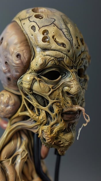 A close-up shot of a highly detailed creature head prop with visible realistic textures and mechanisms on a workbench, illustrating advanced animatronics from a horror film set.