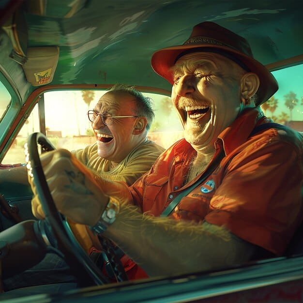 A wide shot of Harold and Maude driving in Maude's customized car, with Harold smiling genuinely for the first time in the movie. The scene symbolizes his newfound joy and freedom, and the transformative power of his relationship with Maude. Illustrates the power of happiness that comes from embracing the subtext of being alive.