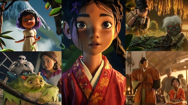 A montage showing various international animation styles. One panel shows Studio Ghibli animation - Spirited Away. Another panel showcases a still from a Russian stop-motion film. A final panel shows a clip from a recent Chinese-produced animated movie.
