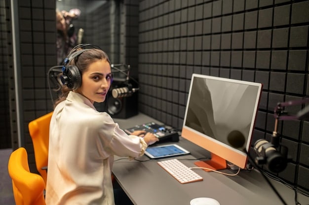 A film translator in a recording studio, headphones on, working with a computer screen displaying a script alongside a video. The image emphasizes the skill and technical aspects involved in creating effective subtitles. Reflects How to Understand and Appreciate the Nuances of International Film Subtitles.