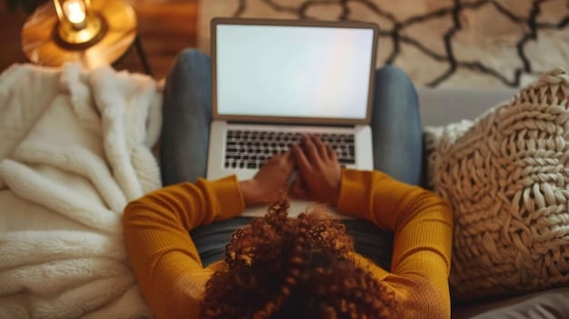 A person watching a film with subtitles on a laptop in a cozy home setting, with focus on their eyes and the screen. The image emphasizes the personal and immersive experience of watching international films with subtitles. Shows How to Understand and Appreciate the Nuances of International Film Subtitles .