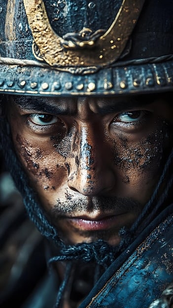 A close-up of a samurai warrior's face, etched with determination and stoicism, as he meditates before a battle. The image captures the essence of Bushido, the samurai code of honor and discipline, fundamental to Understanding the Cultural Significance of Japanese Samurai Films.