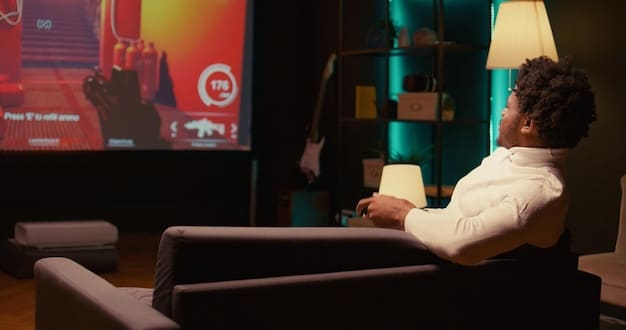 A person sitting on a couch, comfortably watching a film on a large screen TV. The room is dimly lit, creating a cozy atmosphere. The screen displays a scene from a visually captivating international film, possibly with subtitles. The image represents the accessibility and convenience of streaming international films at home, highlighting The Future of International Film: Predictions for the Next 5 Years.