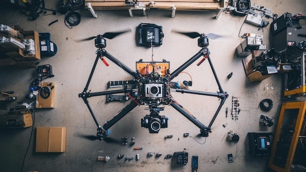 A scene showing a film set with advanced camera equipment, drones filming overhead, and a diverse crew working together. The set appears to be in a remote, exotic location. The image illustrates the use of technology in international film production, emphasizing innovation and collaboration. The technology ensures that productions run smoothly.