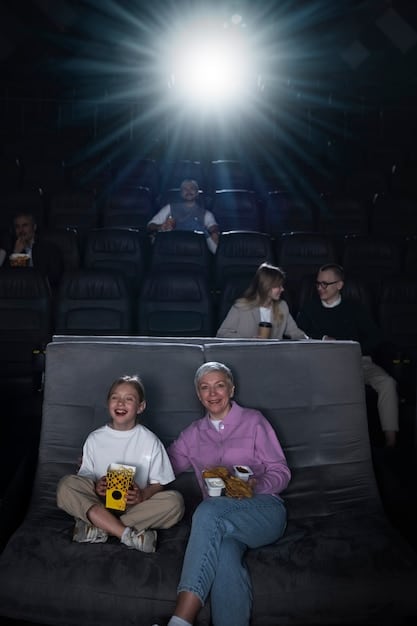 A group of friends watching a film director's cut on a large home theater screen, engaged and discussing, surrounded by movie posters of cult classics.