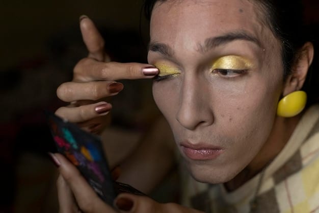 A close-up shot of a person's hands applying heavy, theatrical makeup, replicating the style of a character from 