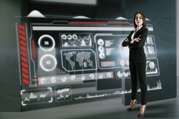 A futuristic film editing suite with multiple screens, one showing a branching narrative flowchart, another showing an AI assistant analyzing audience engagement data.