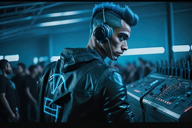 A sound engineer in a futuristic studio, wearing advanced headphones, meticulously adjusting sound levels on a holographic display for an adaptive soundscape, indicating personalized audio.