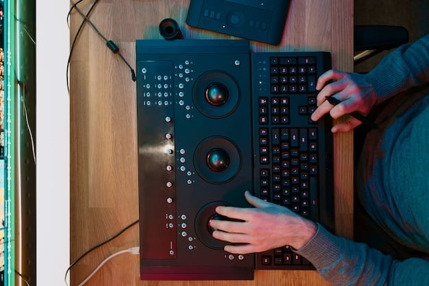 A close-up of a vintage analog synthesiser keyboard with illuminated buttons, suggesting unconventional music and sound effects creation in a dark, atmospheric setting.