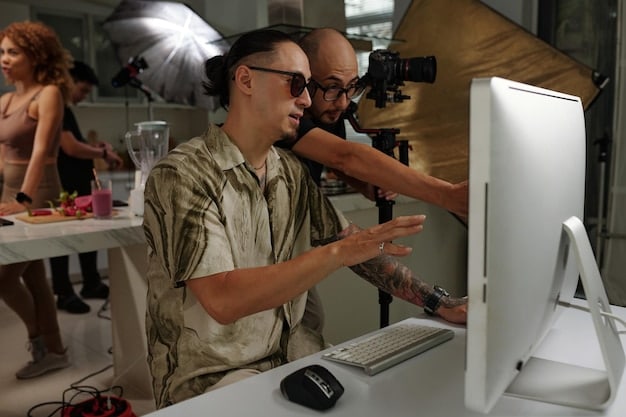 A director on an indie film set, surrounded by a small crew, meticulously reviewing a scene on a monitor, reflecting the dedication and independent spirit of low-budget filmmaking.