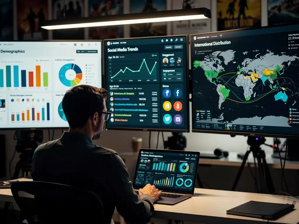 Marketing professional analyzing data for international film distribution and audience engagement.