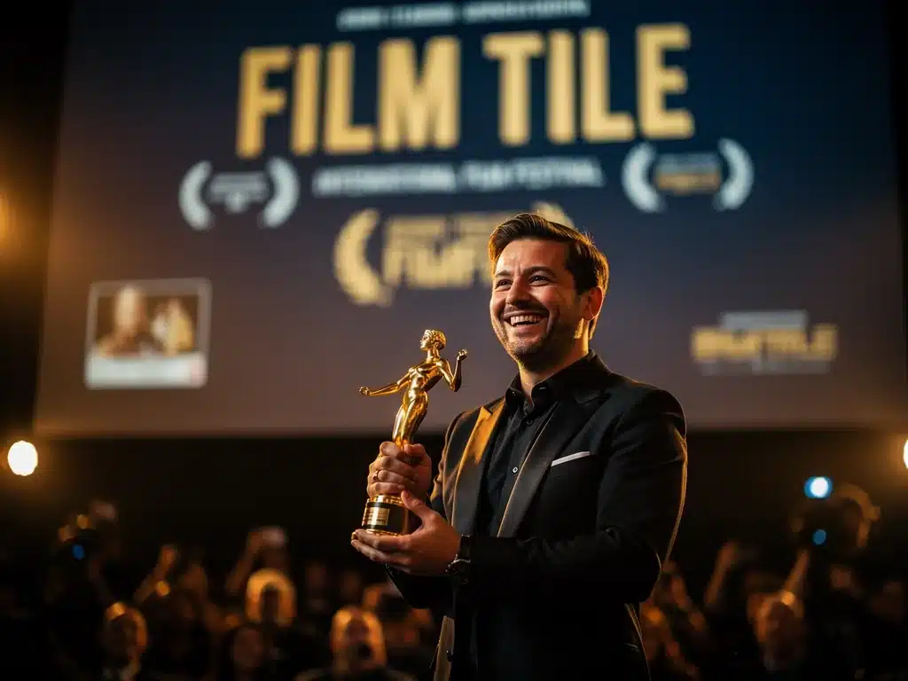 Filmmaker proudly holding a film festival award on stage.