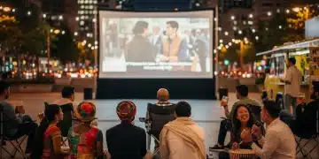 Diverse global audience captivated by an outdoor screening of an international film, highlighting cultural connection.