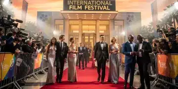 Red carpet entrance at a major international film festival, with diverse attendees.