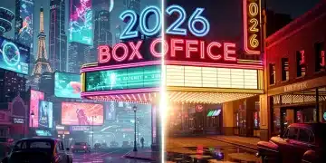 Futuristic marquee comparing 2026 international and domestic box office performance.