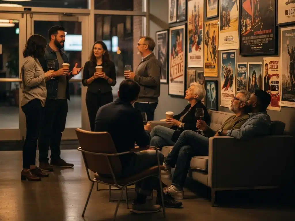 Diverse audience discussing international film in art house cinema lobby