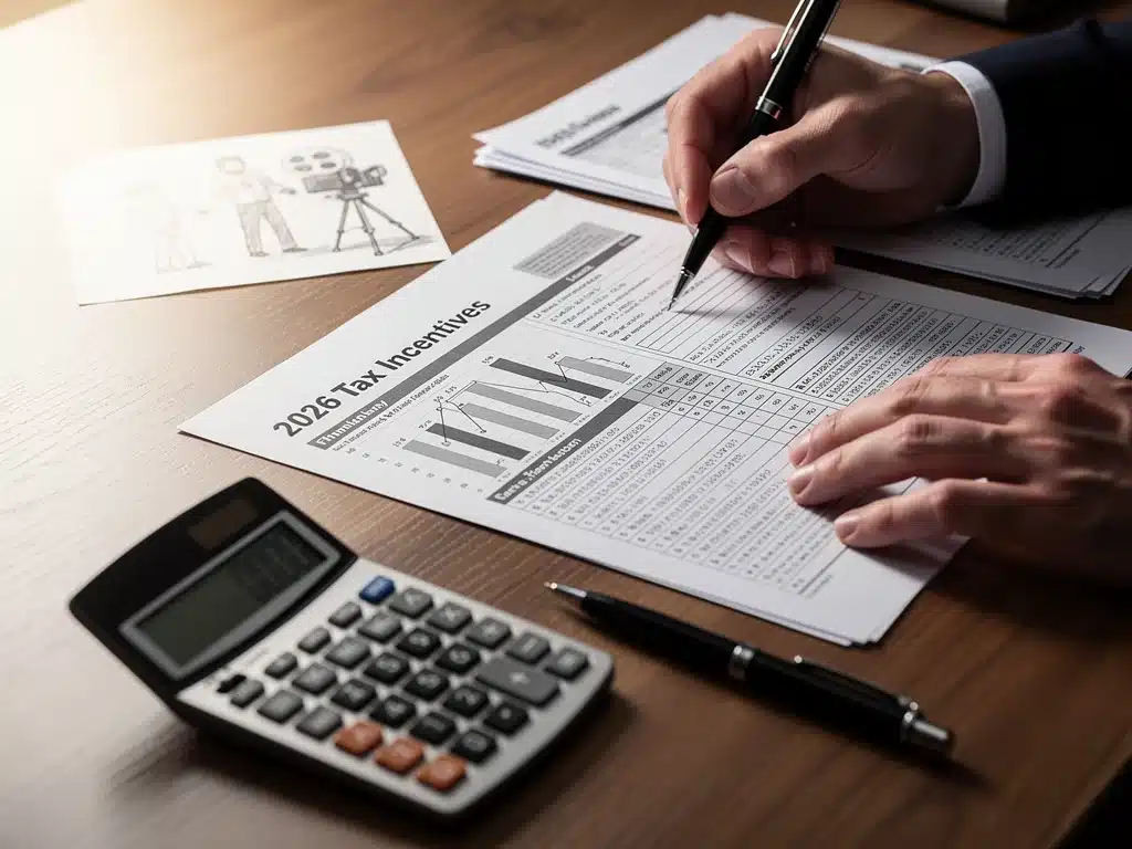Detailed view of tax forms and financial documents, illustrating the process of claiming 2026 US tax incentives for short films.