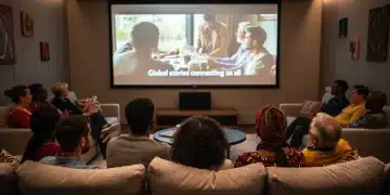 Diverse audience watching a global documentary on a large screen