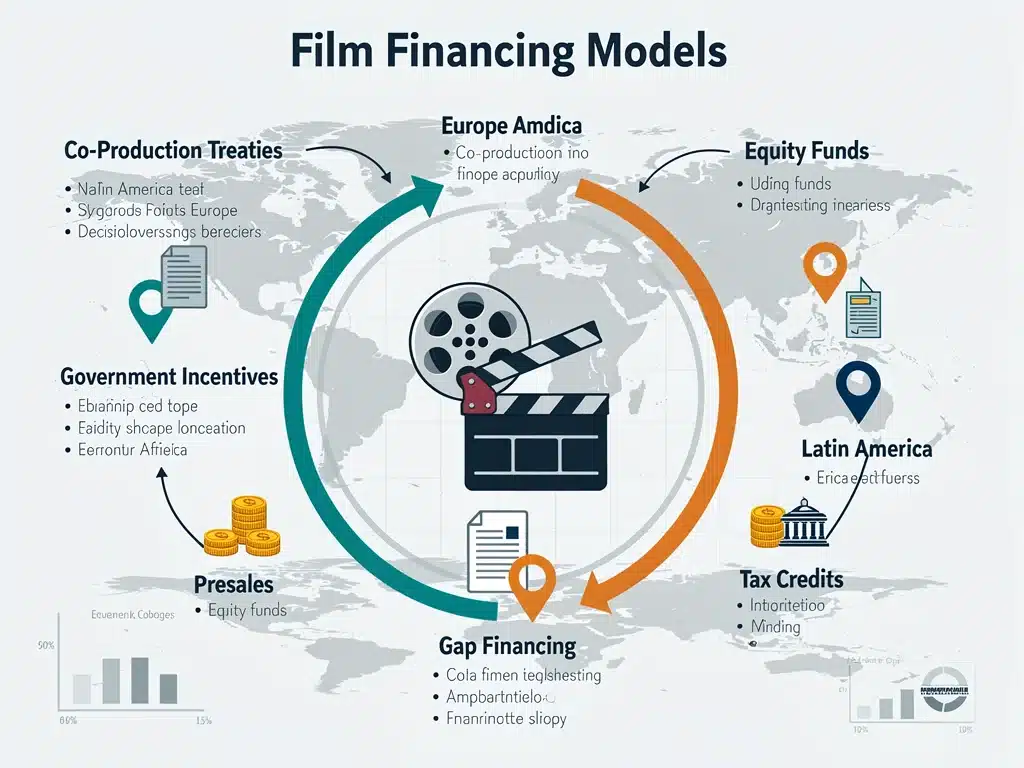 Infographic illustrating diverse international film financing models and global funding pathways.