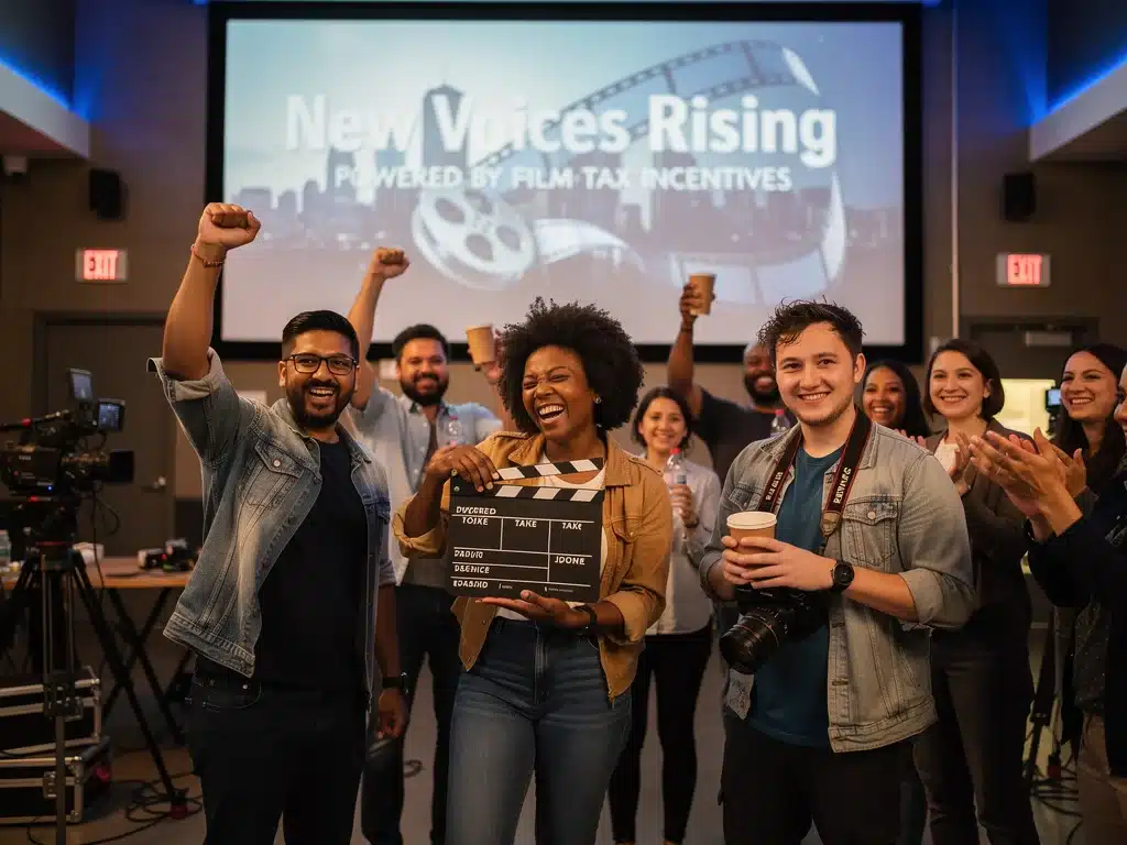 Independent filmmakers celebrating, highlighting the success enabled by 2026 US tax incentives for short films.